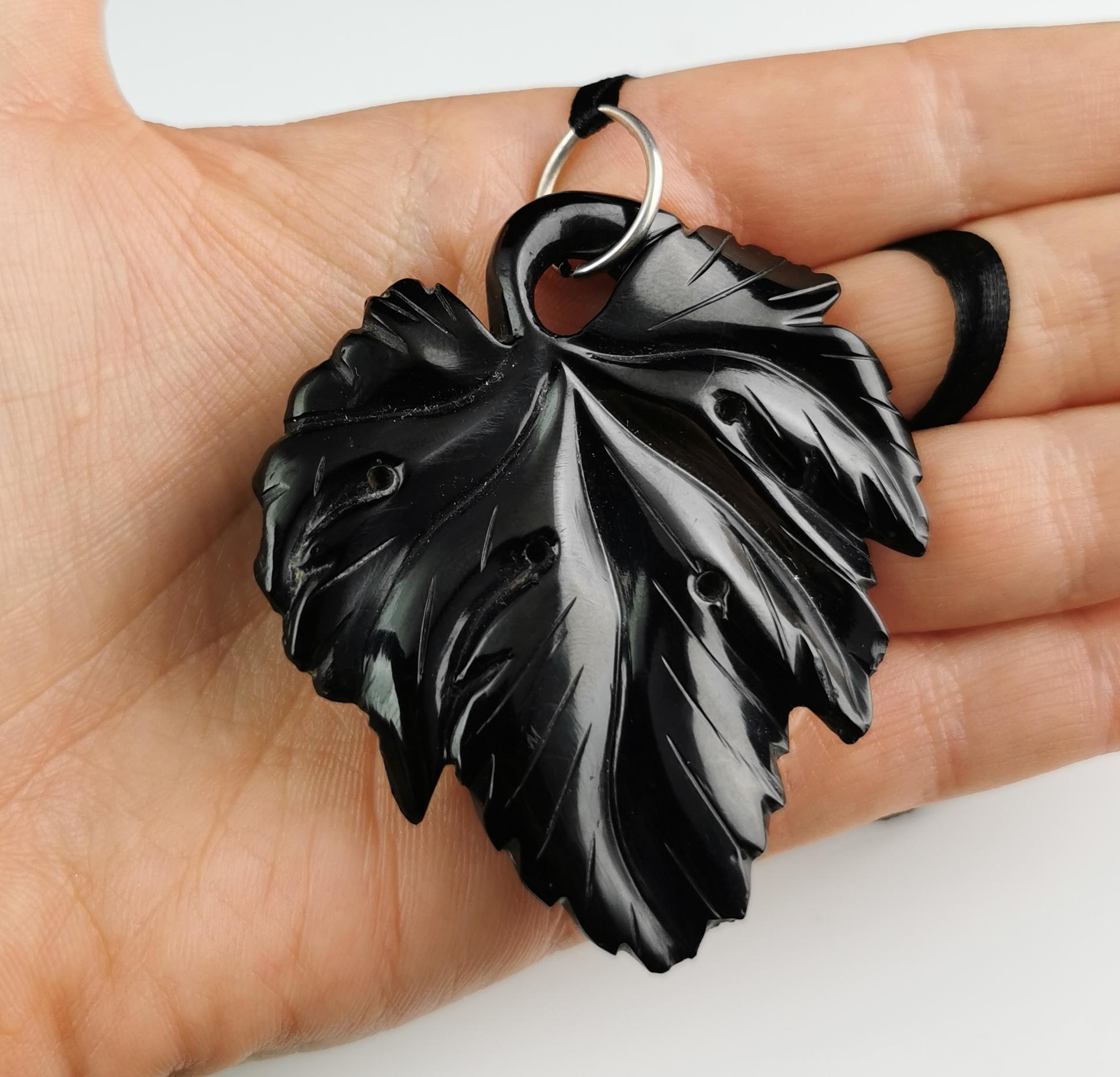 Women's or Men's Antique Victorian Whitby Jet leaf pendant