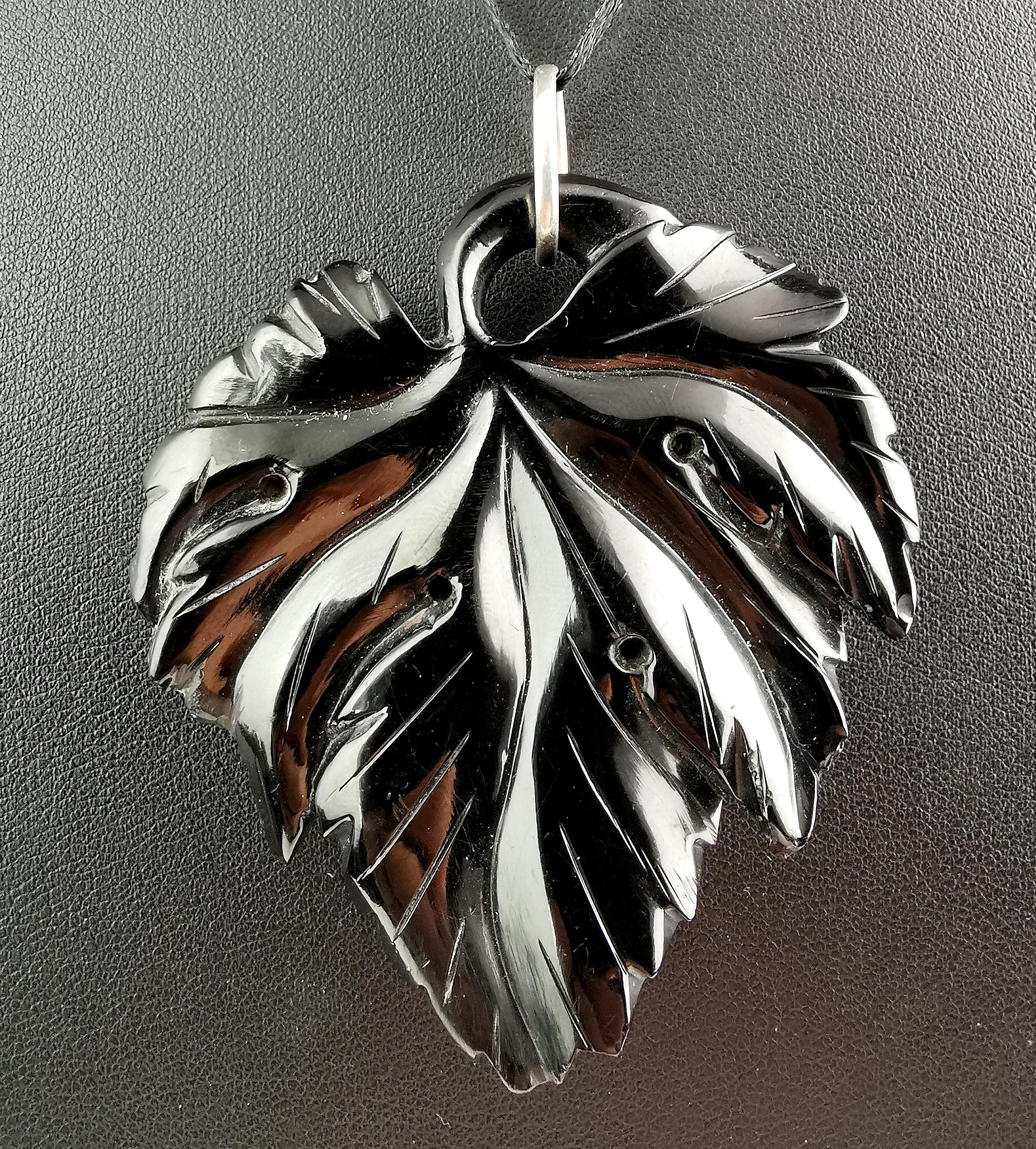 Antique Victorian Whitby Jet leaf pendant 4