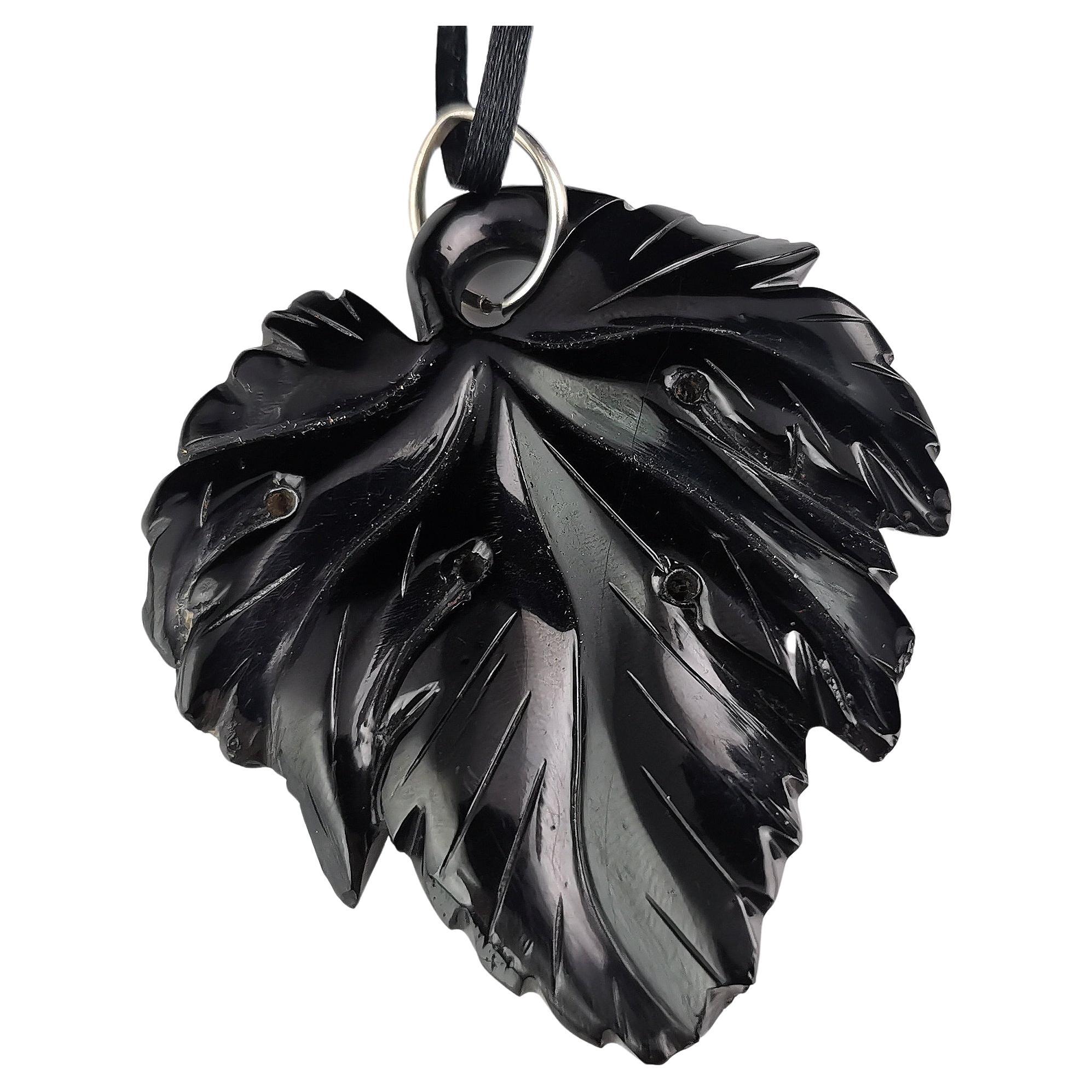 Antique Victorian Whitby Jet leaf pendant