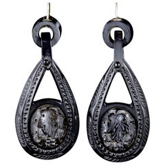 Antique Victorian Whitby Jet Long Earrings, circa 1860