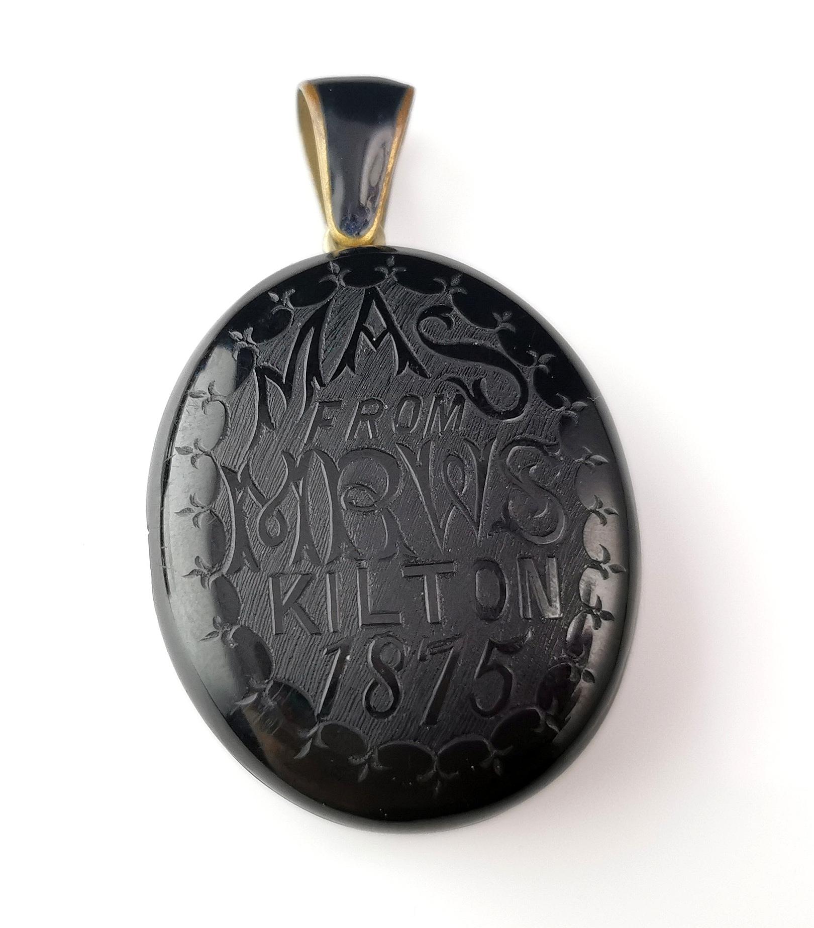 A very interesting and unique Victorian era mourning locket.

It is made from Whitby Jet with an intricately carved front, the locket reads MAS from MRWS, Kilton, 1875.

There was an ironstone mine opened in the village of Kilton in 1875 and there