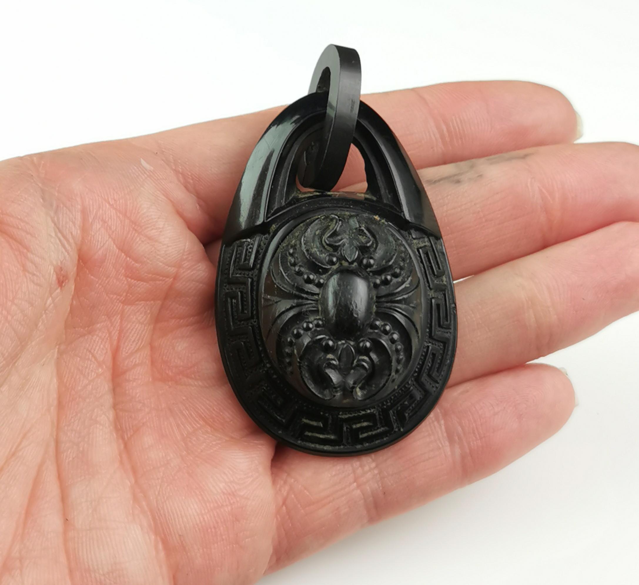 Antique Victorian Whitby Jet pendant, large, Greek key  For Sale 2