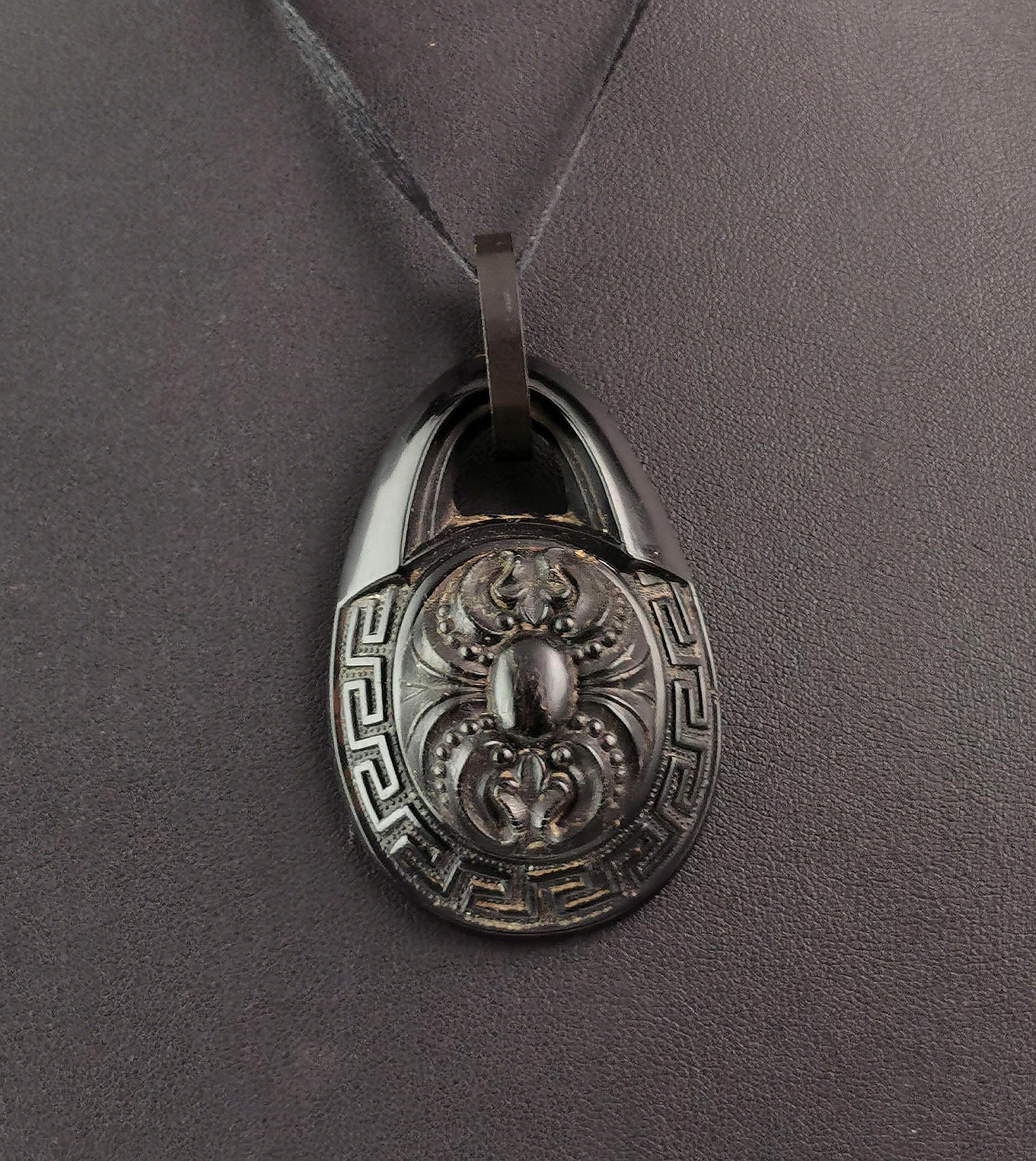 Antique Victorian Whitby Jet pendant, large, Greek key  For Sale 3