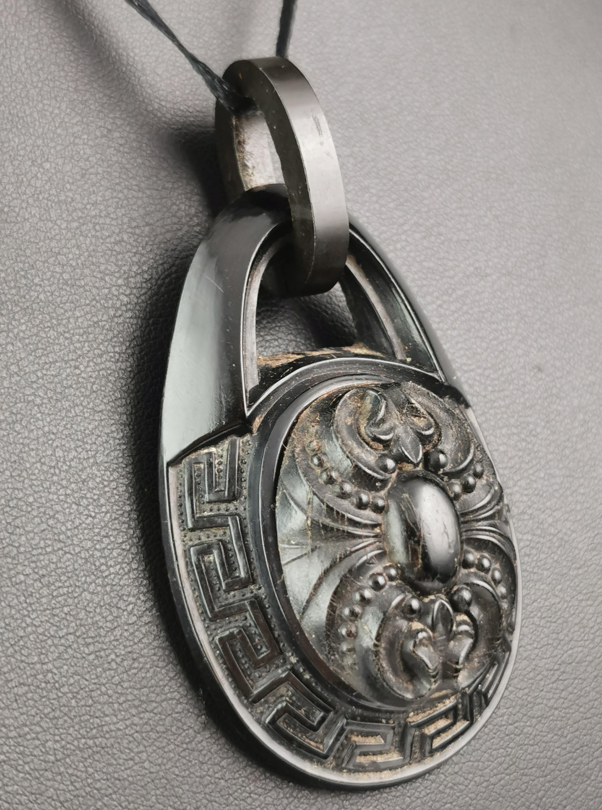 Antique Victorian Whitby Jet pendant, large, Greek key  For Sale 5