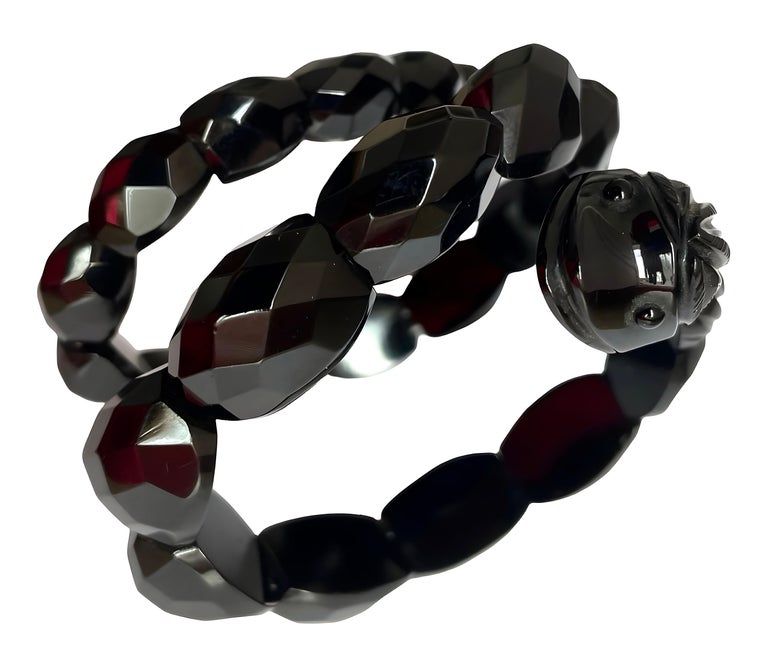 Whitby Jet snake bracelet, faceted beads, collectible Mourning