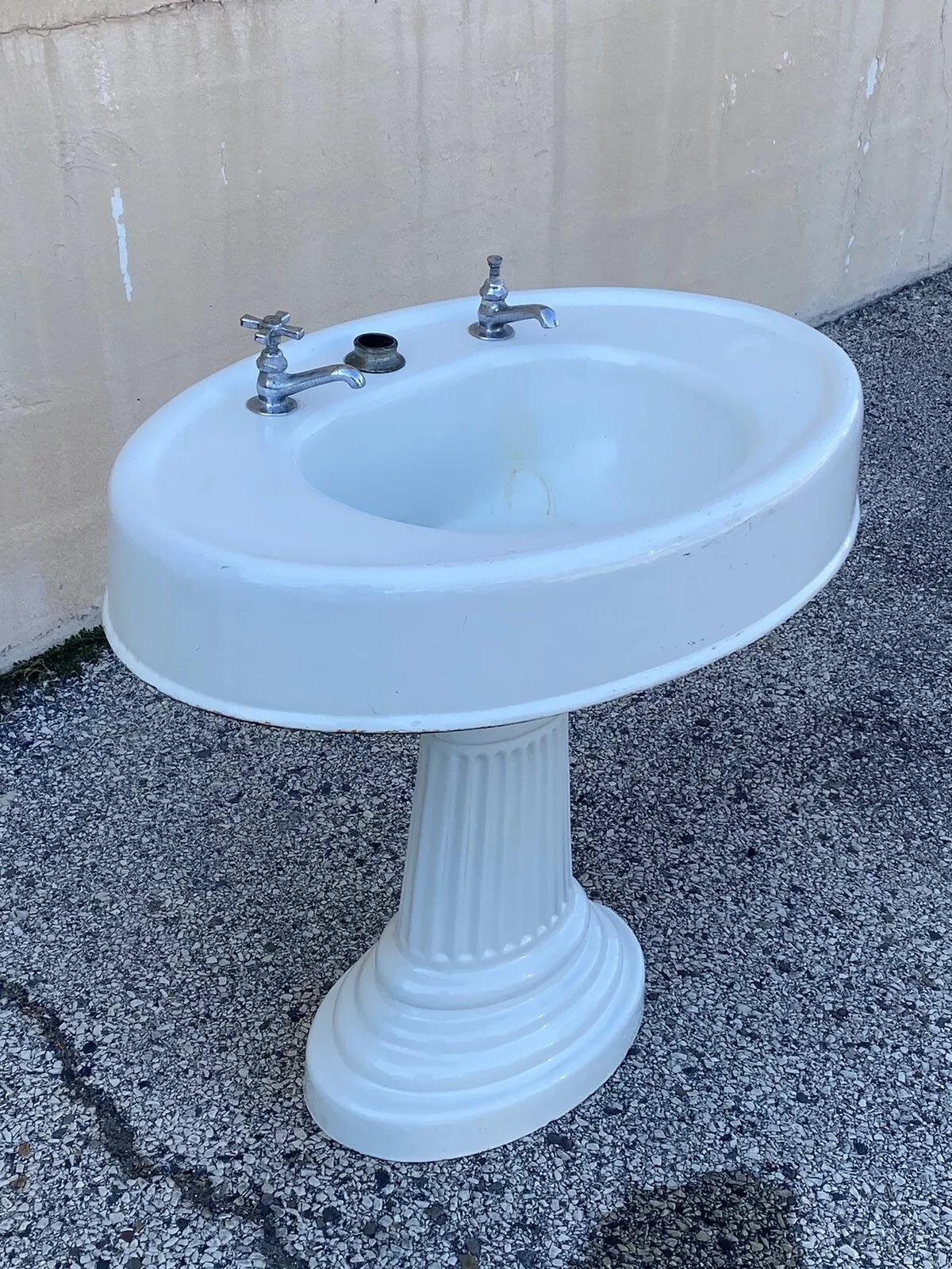 Antiguo Lavabo de Pedestal de Esmalte de Porcelana de Hierro Fundido Blanco Victoriano Desconocido en venta