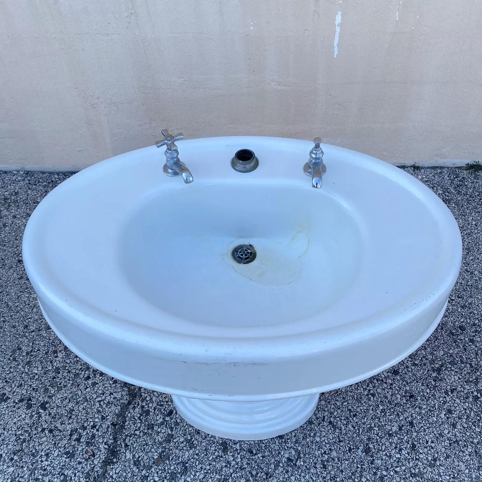 Antiguo Lavabo de Pedestal de Esmalte de Porcelana de Hierro Fundido Blanco Victoriano Vaciado en venta