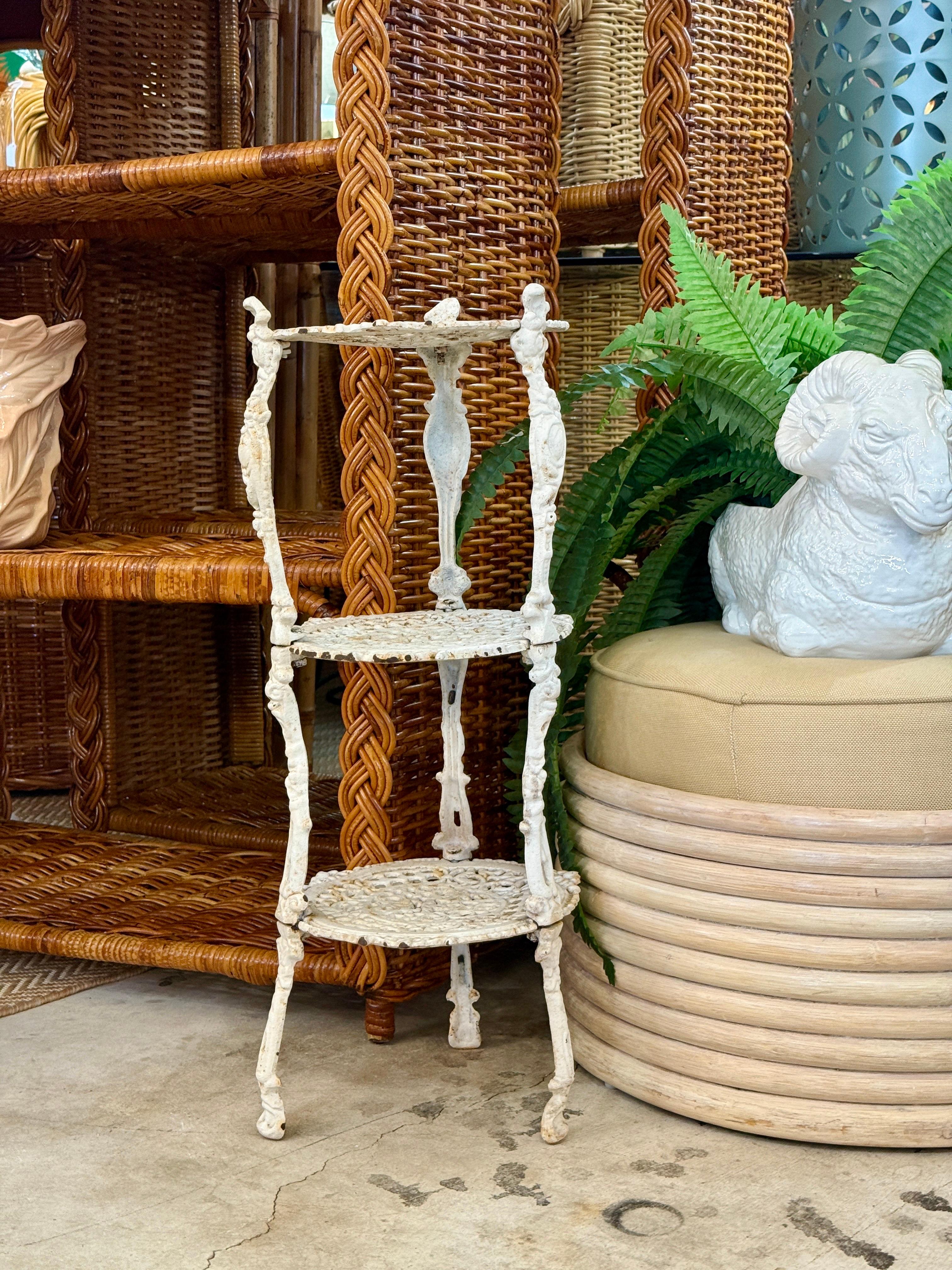 Wrought Iron Antique Victorian White Cast Iron Three-Tier Plant Stand or Sellette For Sale