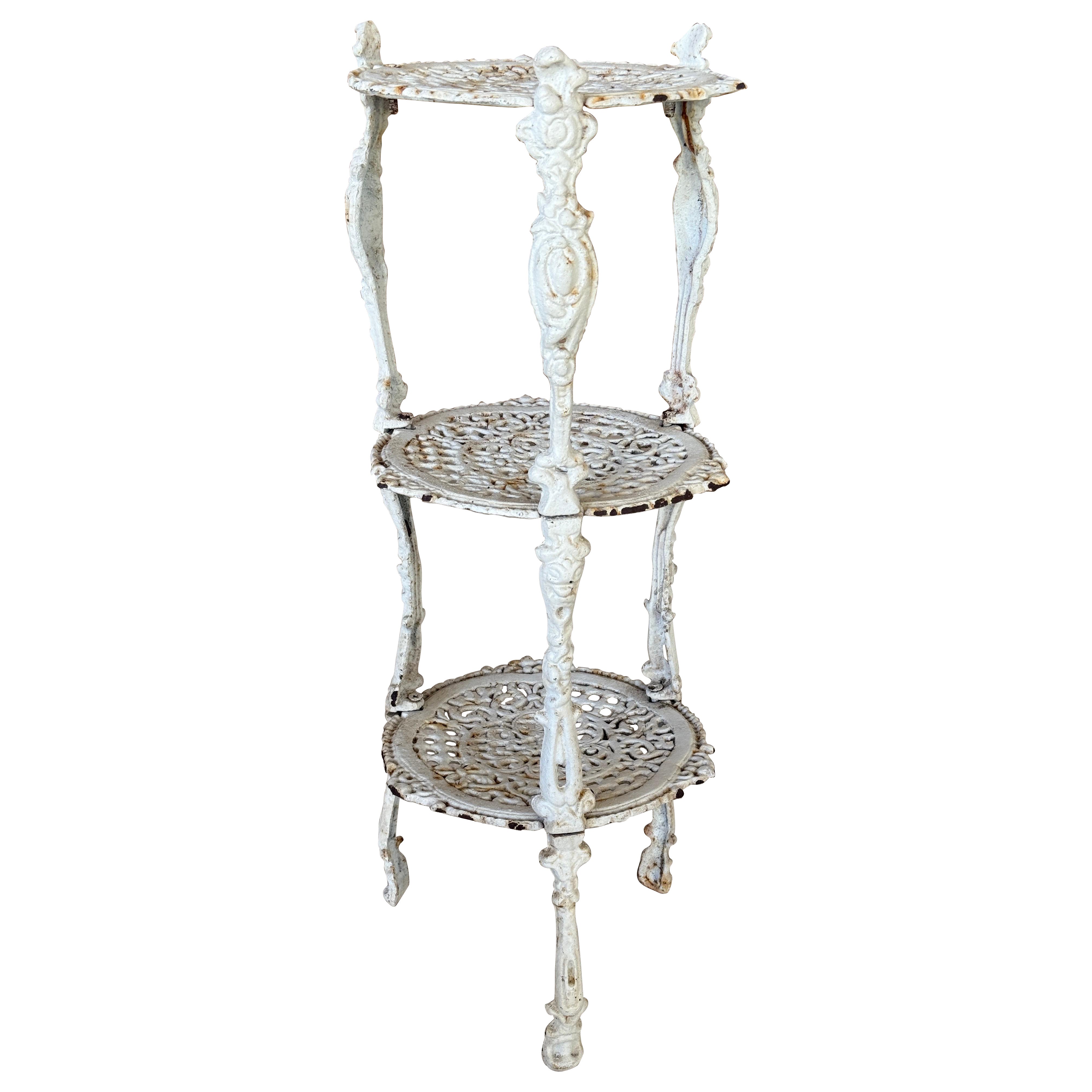 Antique Victorian White Cast Iron Three-Tier Plant Stand or Sellette For Sale