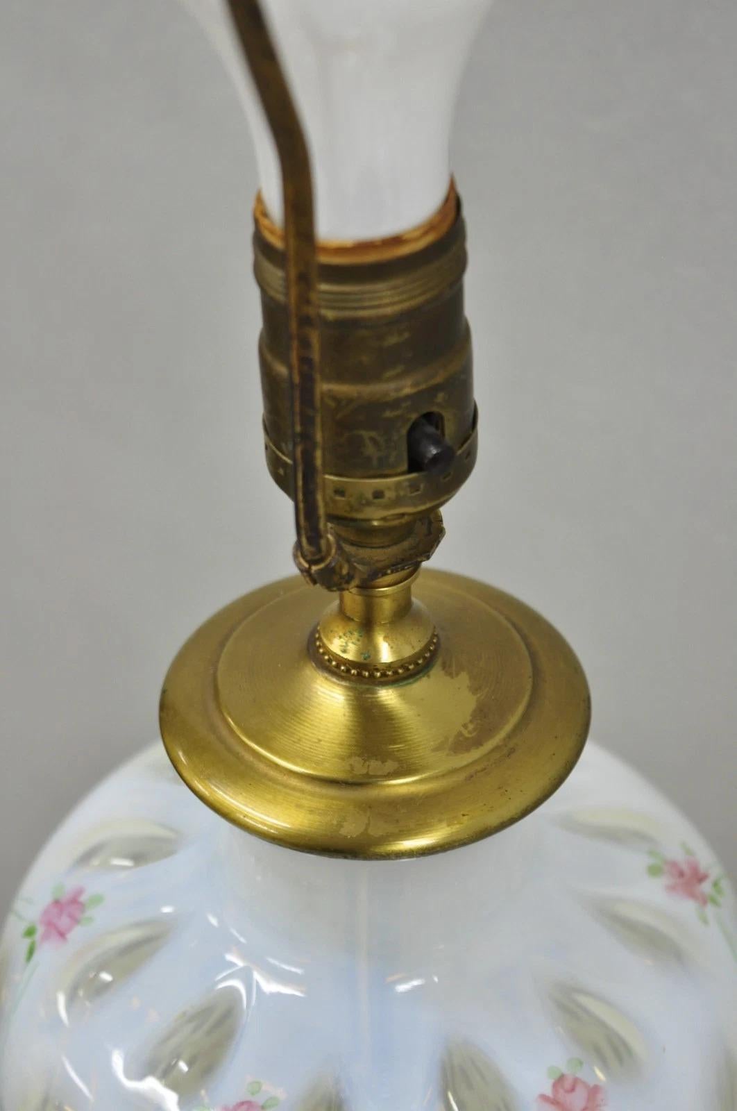 Antique Victorian White Czech Bohemian Rose Pink Painted Table Lamps - a Pair For Sale 4