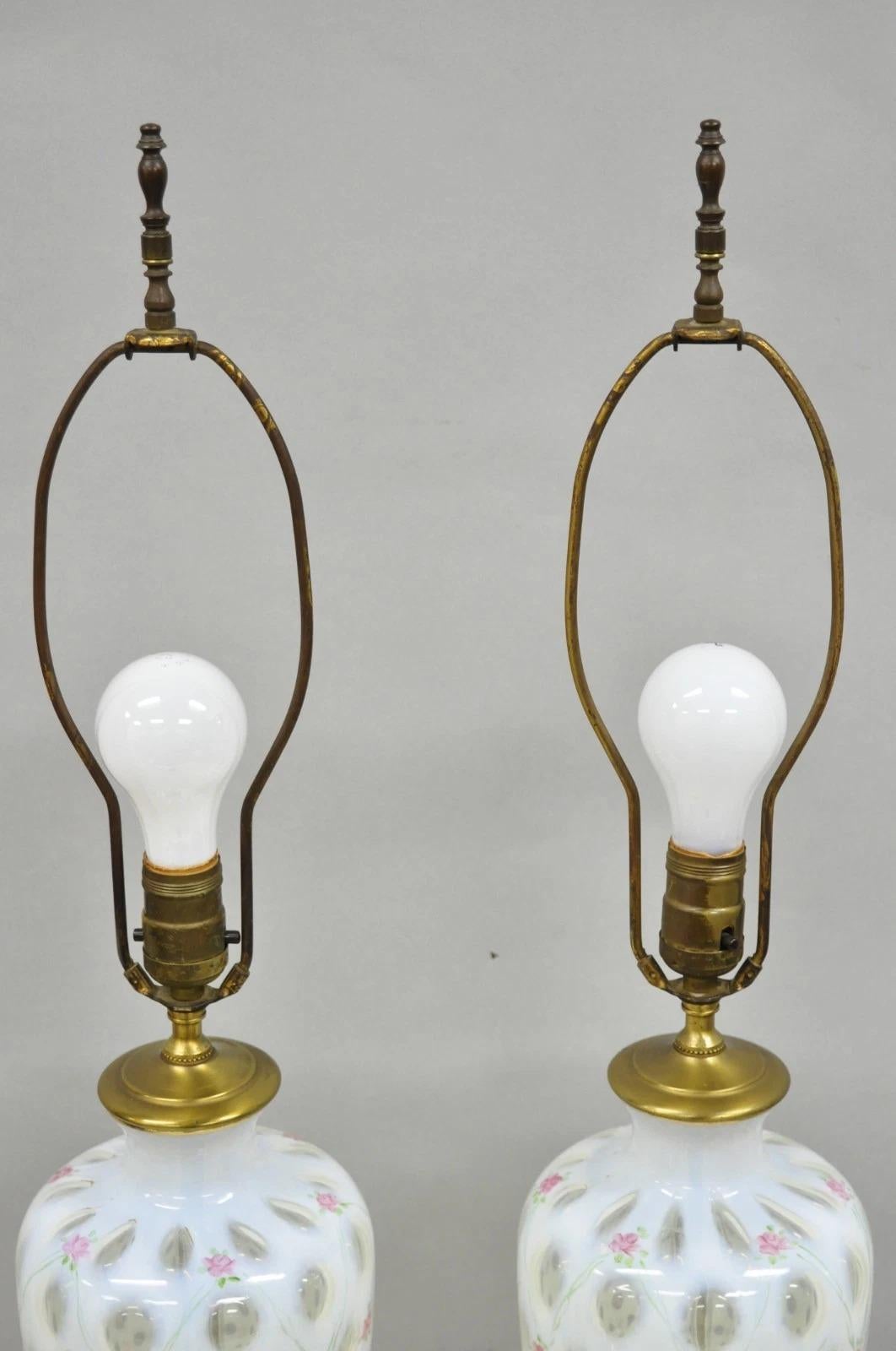 Antique Victorian White Czech Bohemian Rose Pink Painted Table Lamps - a Pair For Sale 5