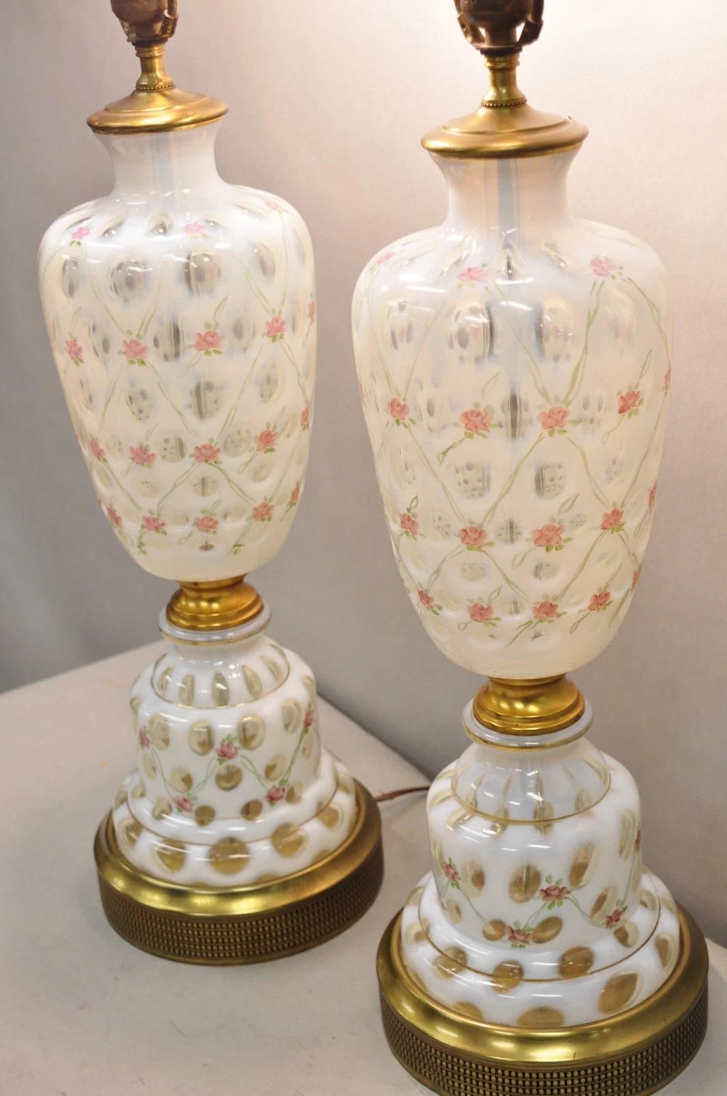 Antique Victorian White Czech Bohemian Rose Pink Painted Table Lamps - a Pair For Sale 6