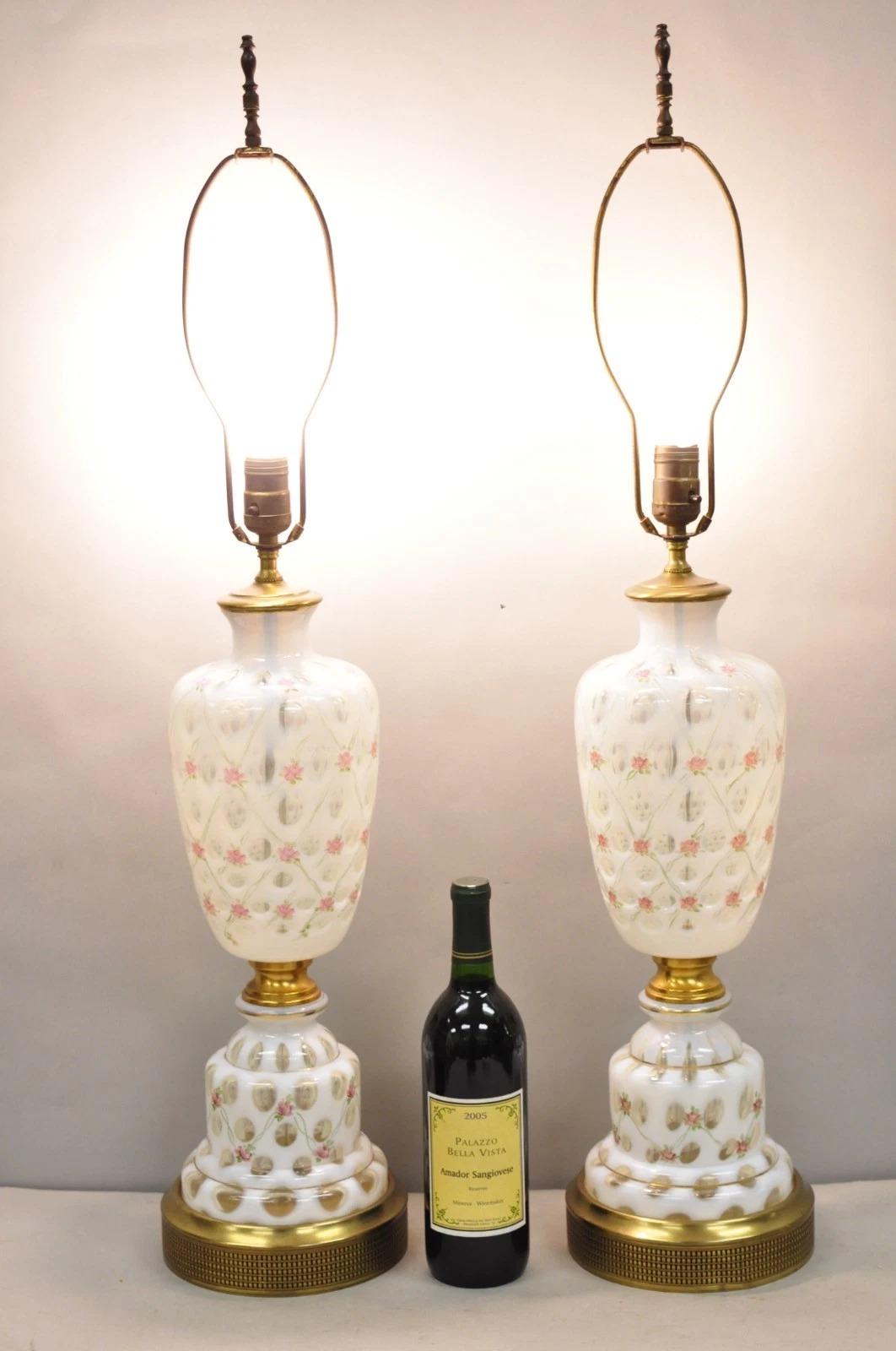 Antique Victorian White Czech Bohemian Rose Pink Painted Table Lamps - a Pair. Circa Early 20th Century. Measurements: 35
