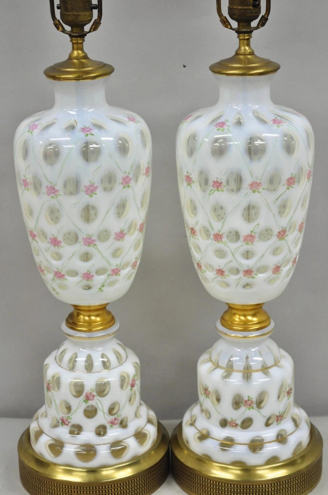Unknown Antique Victorian White Czech Bohemian Rose Pink Painted Table Lamps - a Pair For Sale
