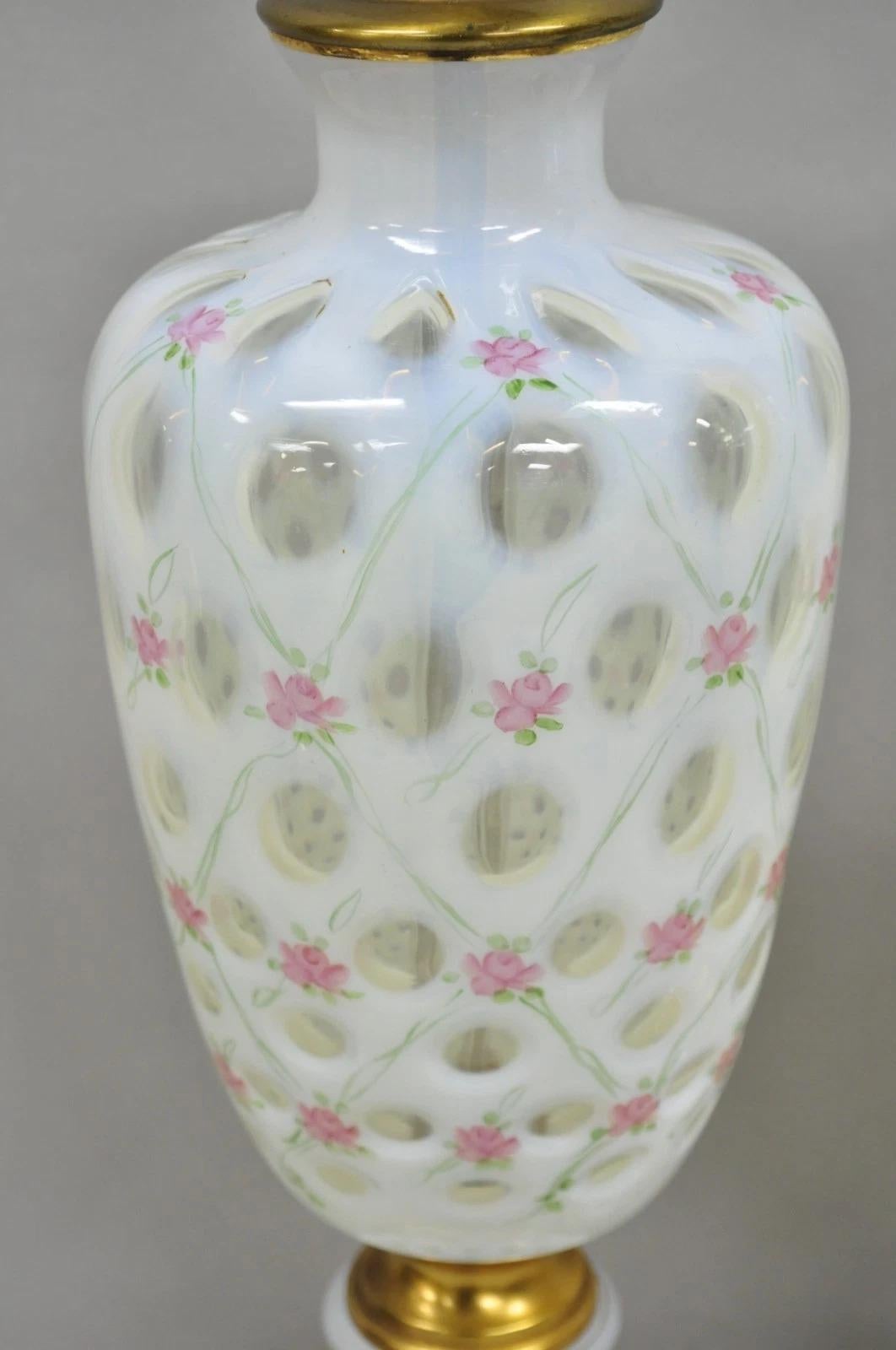 Antique Victorian White Czech Bohemian Rose Pink Painted Table Lamps - a Pair In Good Condition For Sale In Philadelphia, PA