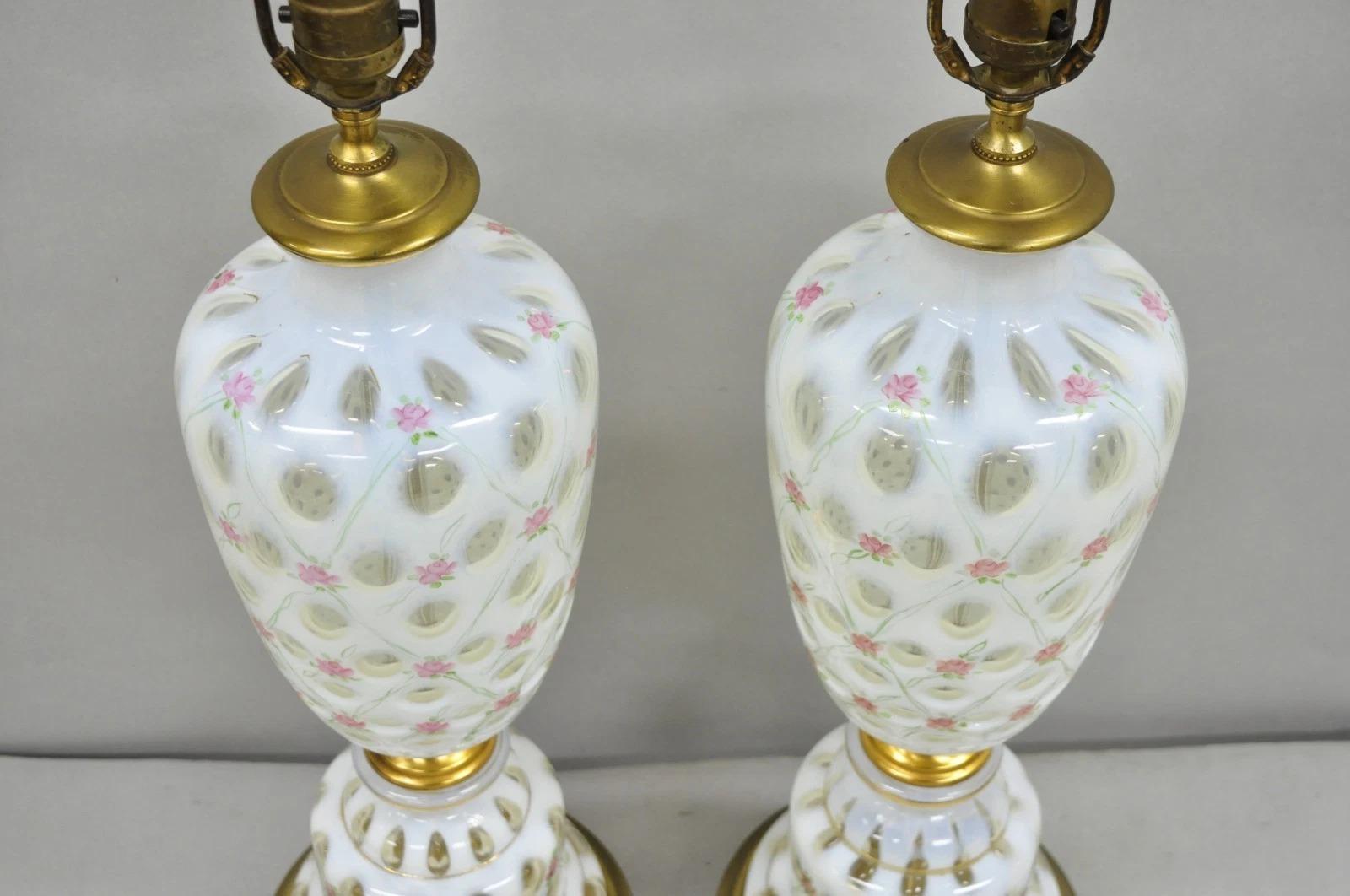 20th Century Antique Victorian White Czech Bohemian Rose Pink Painted Table Lamps - a Pair For Sale