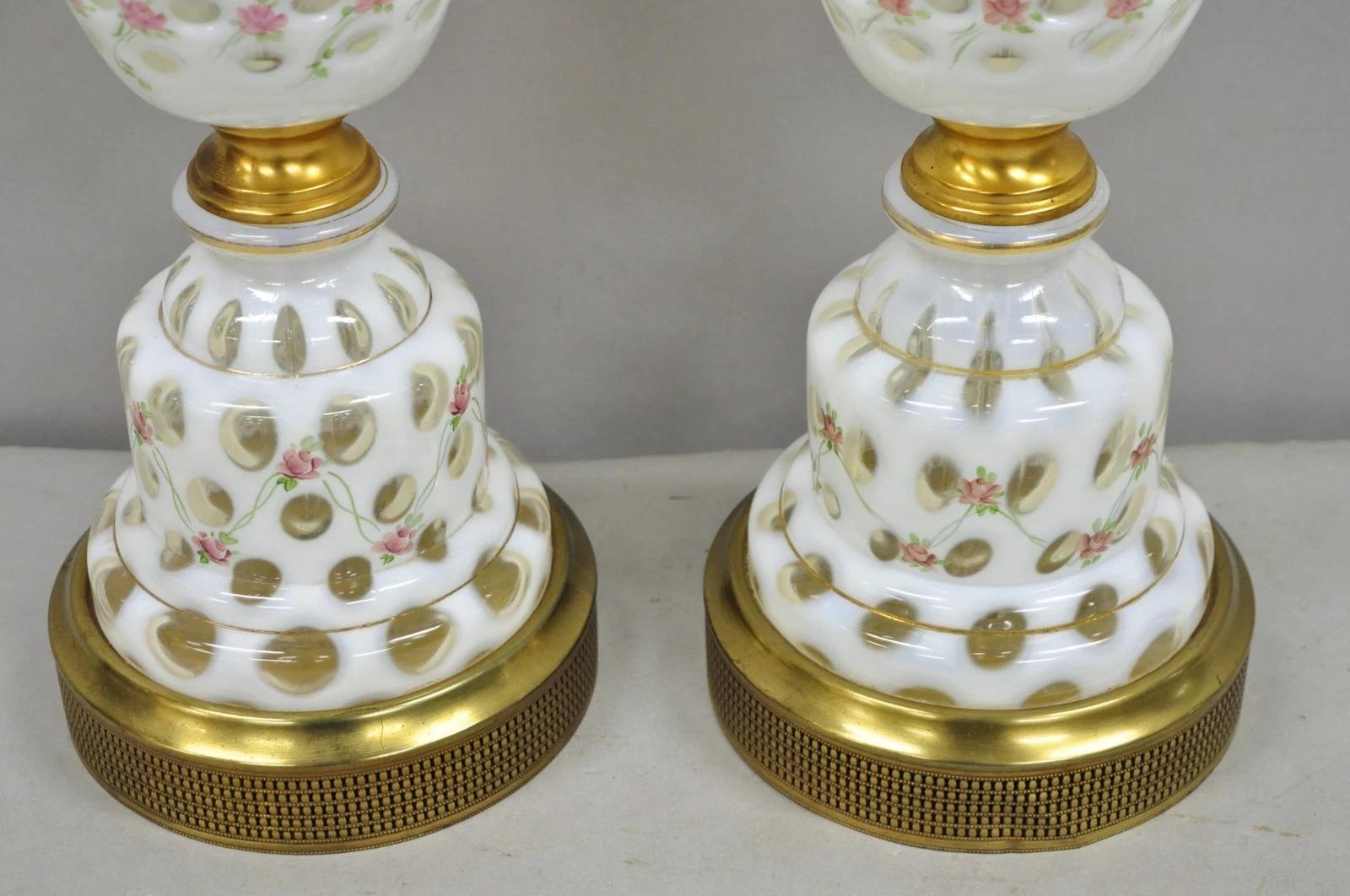 Brass Antique Victorian White Czech Bohemian Rose Pink Painted Table Lamps - a Pair For Sale
