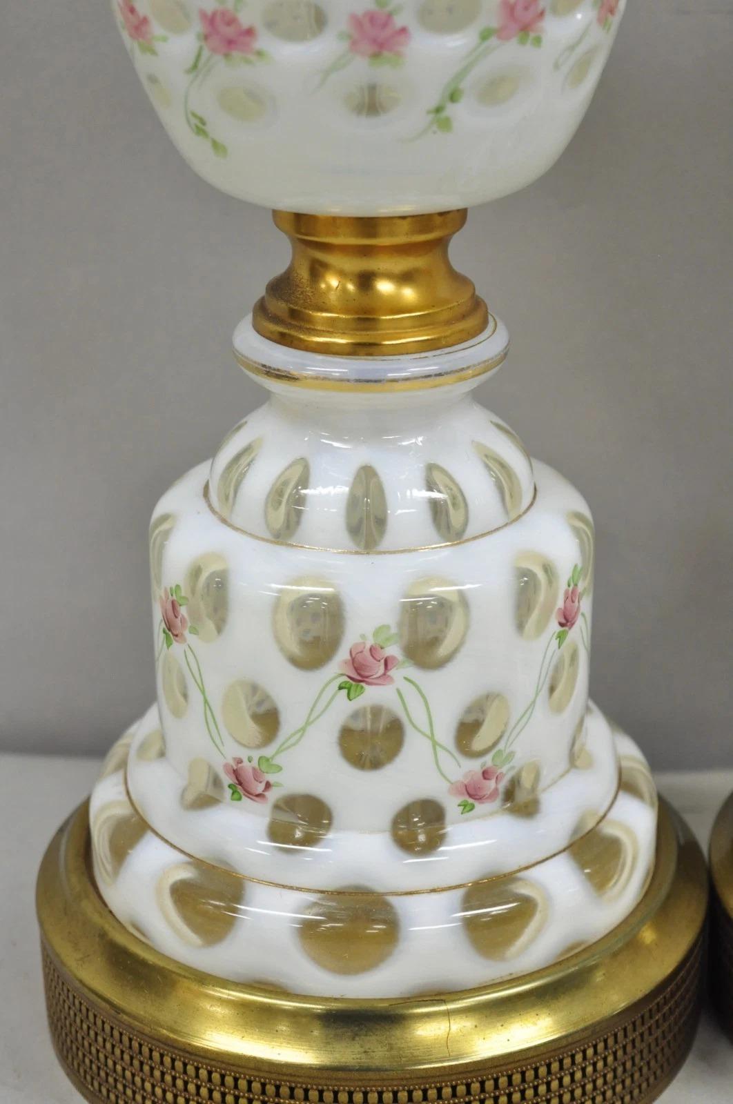 Antique Victorian White Czech Bohemian Rose Pink Painted Table Lamps - a Pair For Sale 1