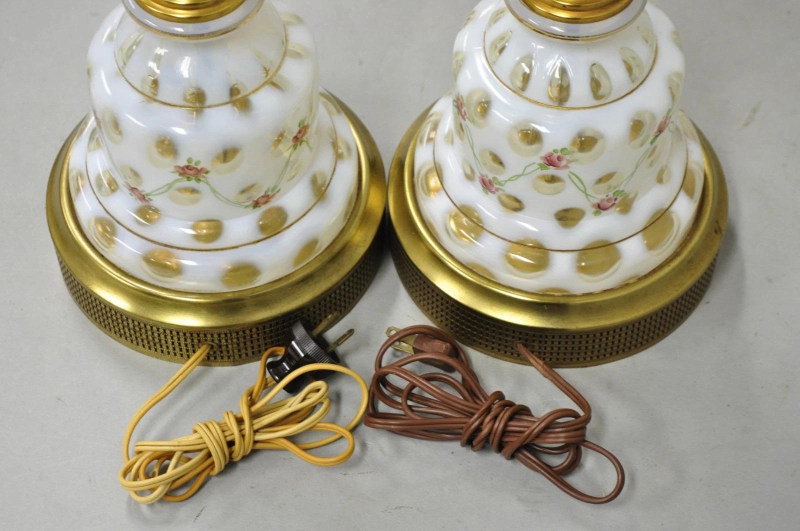 Antique Victorian White Czech Bohemian Rose Pink Painted Table Lamps - a Pair For Sale 3