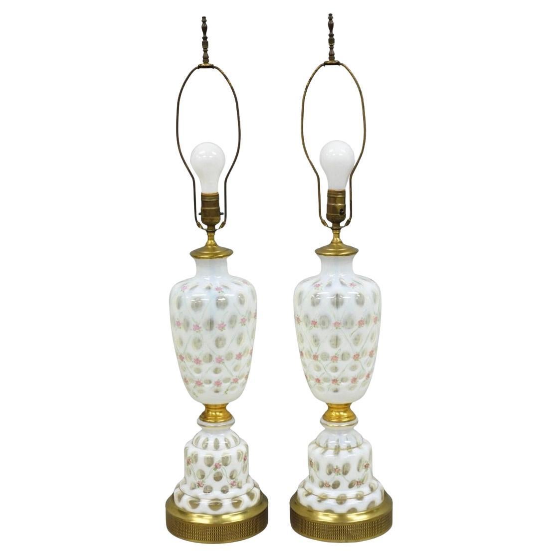 Antique Victorian White Czech Bohemian Rose Pink Painted Table Lamps - a Pair For Sale