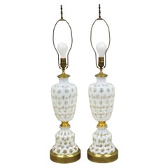 Antique Victorian White Czech Bohemian Rose Pink Painted Table Lamps - a Pair