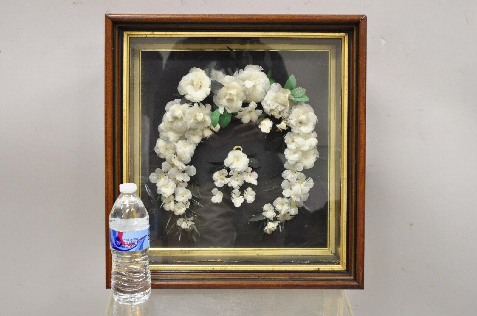 Antique Victorian White Feather Floral Mourning Wreath Mahogany Wood Shadow Box For Sale 2