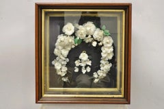 Antique Victorian White Feather Floral Mourning Wreath Mahogany Wood Shadow Box
