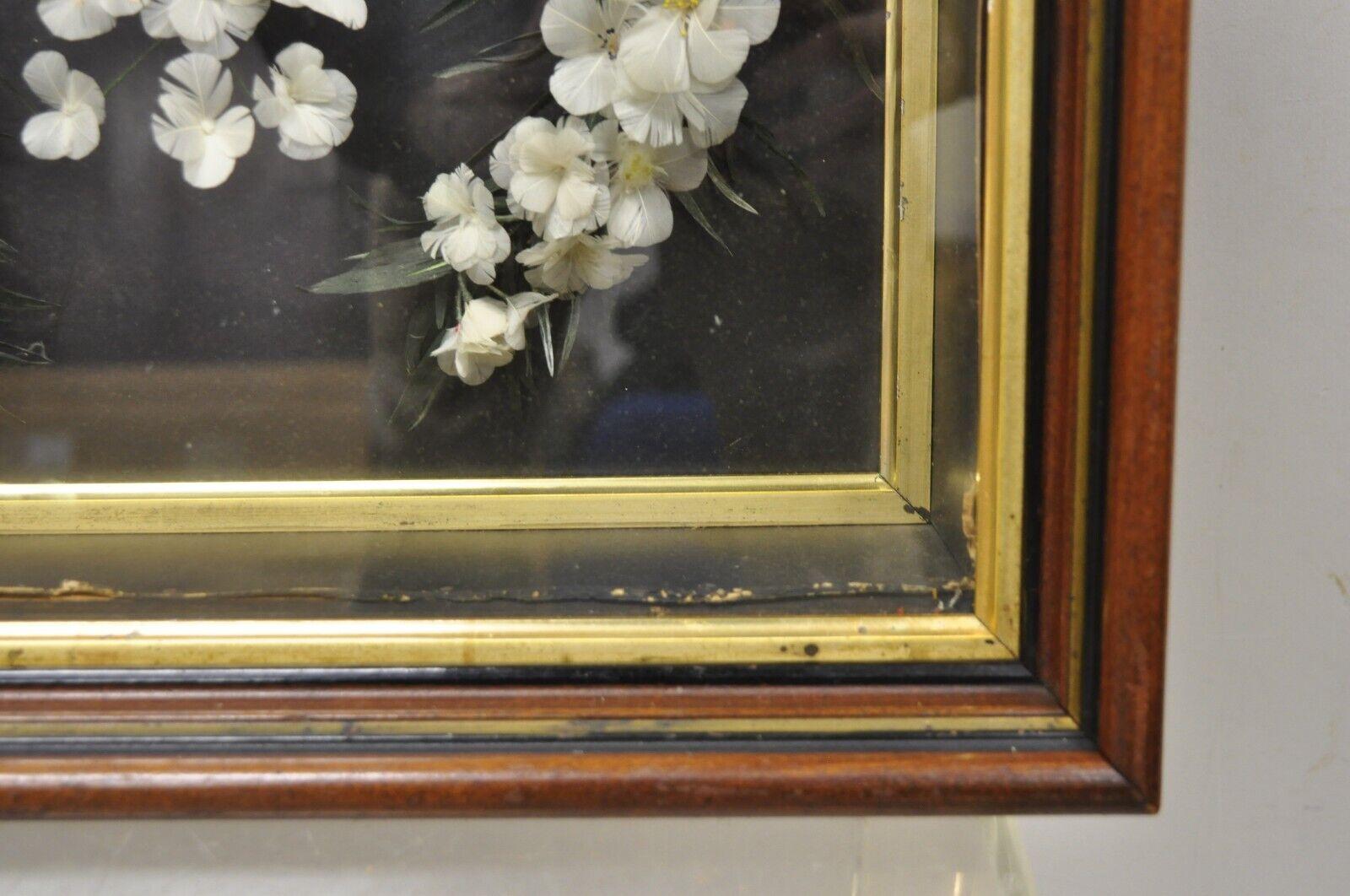 19th Century Antique Victorian White Feather Floral Mourning Wreath Mahogany Wood Shadow Box For Sale