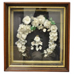 Antique Victorian White Feather Floral Mourning Wreath Mahogany Wood Shadow Box