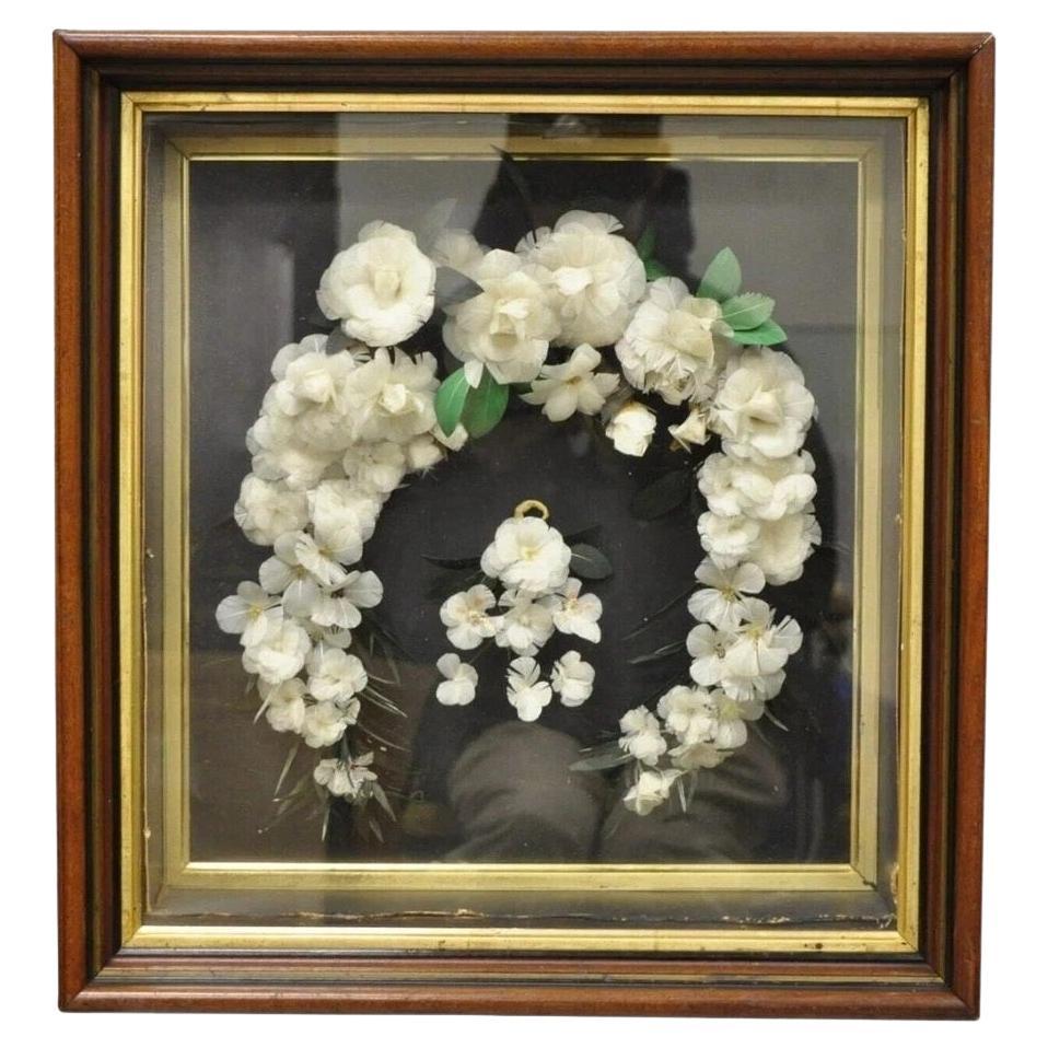 Antique Victorian White Feather Floral Mourning Wreath Mahogany Wood Shadow Box