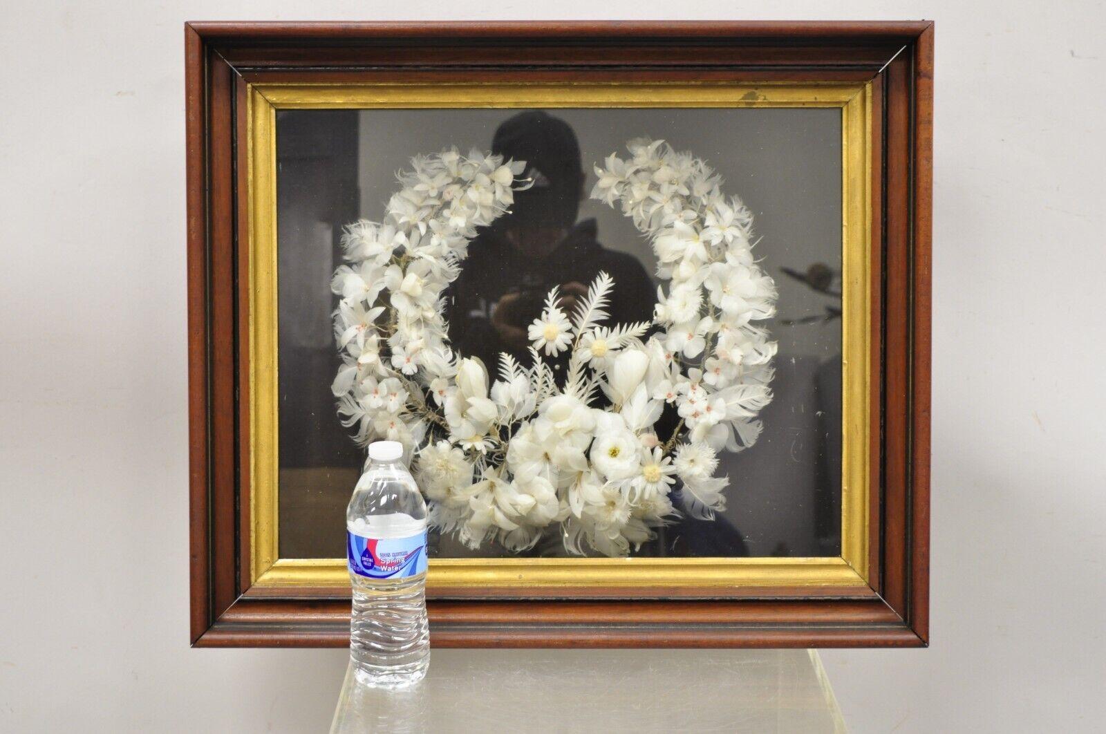 Antique Victorian White Feather Flower Mourning Wreath Mahogany Shadow Box Frame For Sale 2