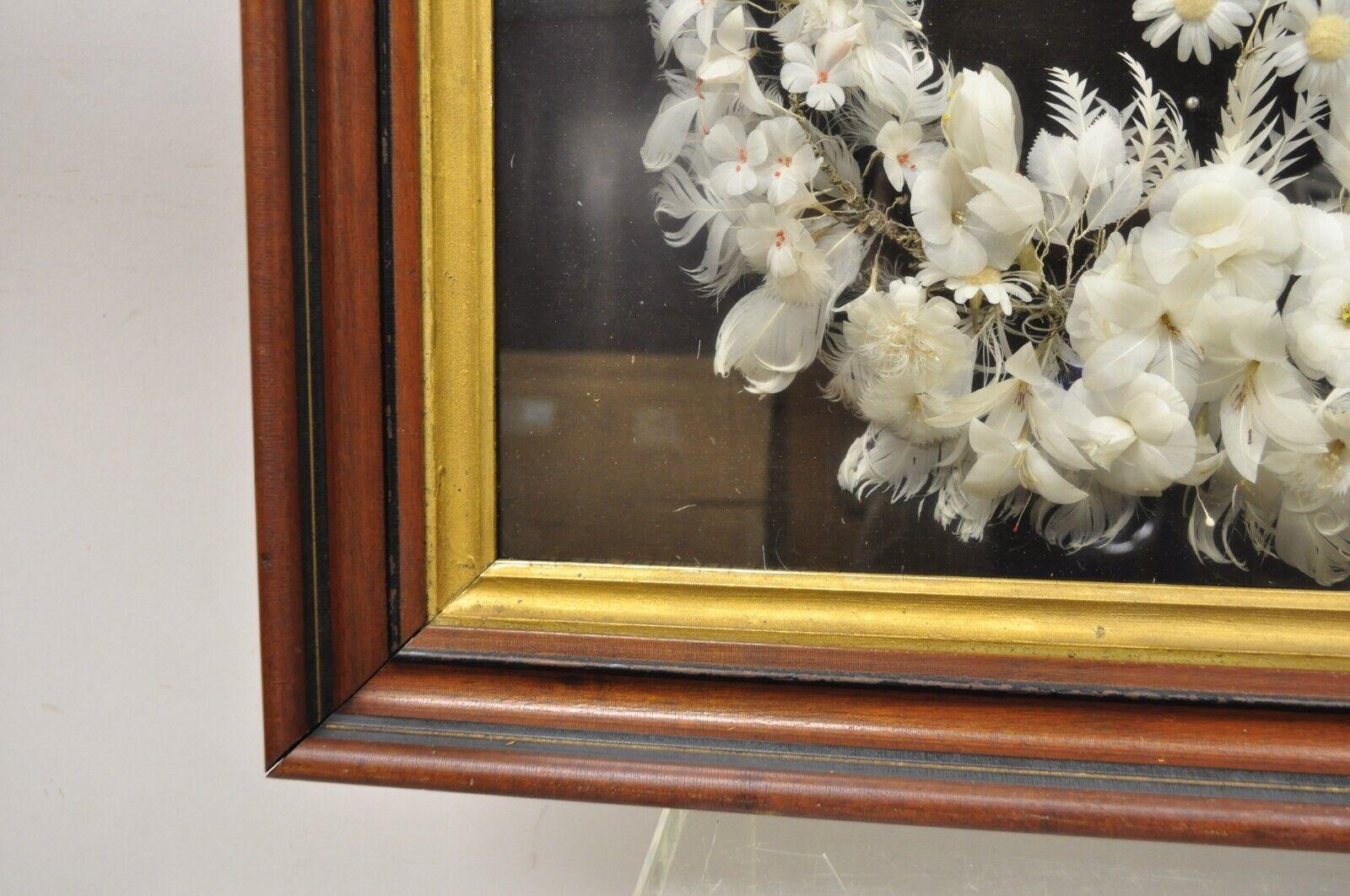 Antique Victorian White Feather Flower Mourning Wreath Mahogany Shadow Box Frame For Sale 3