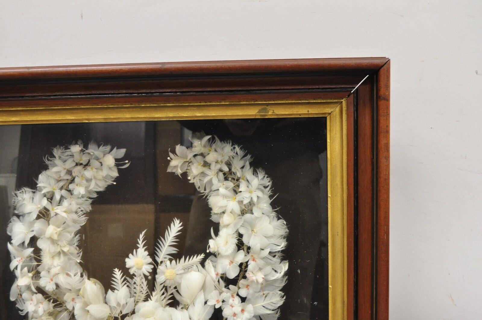 19th Century Antique Victorian White Feather Flower Mourning Wreath Mahogany Shadow Box Frame For Sale