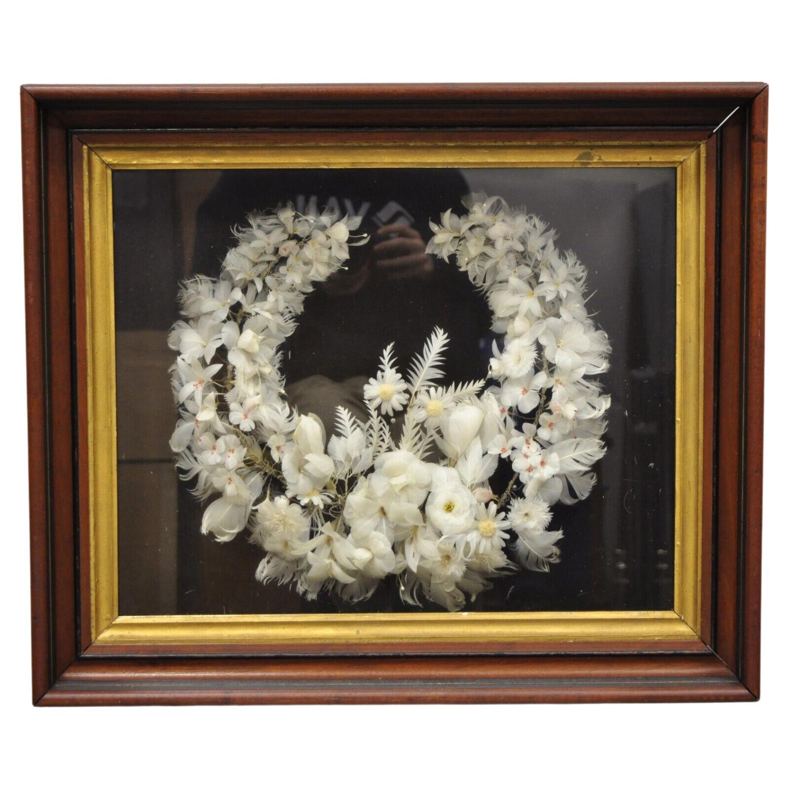 Antique Victorian White Feather Flower Mourning Wreath Mahogany Shadow Box Frame