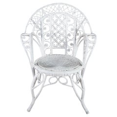 Antique Victorian White Painted Wicker Rattan Boho Chic Peacock Armchair