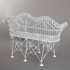 Antique Victorian White Painted Wire Garden Bench, circa 1900