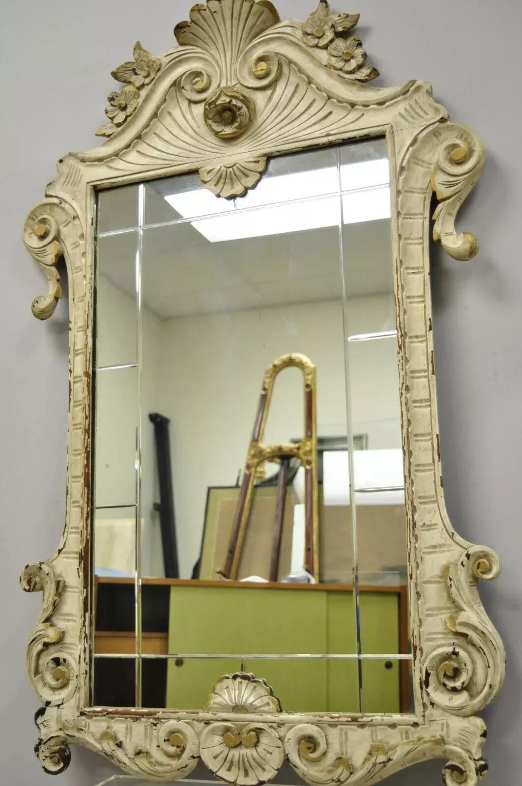 Ancien miroir mural victorien blanc Shabby Distress peint en rose chic en vente 4