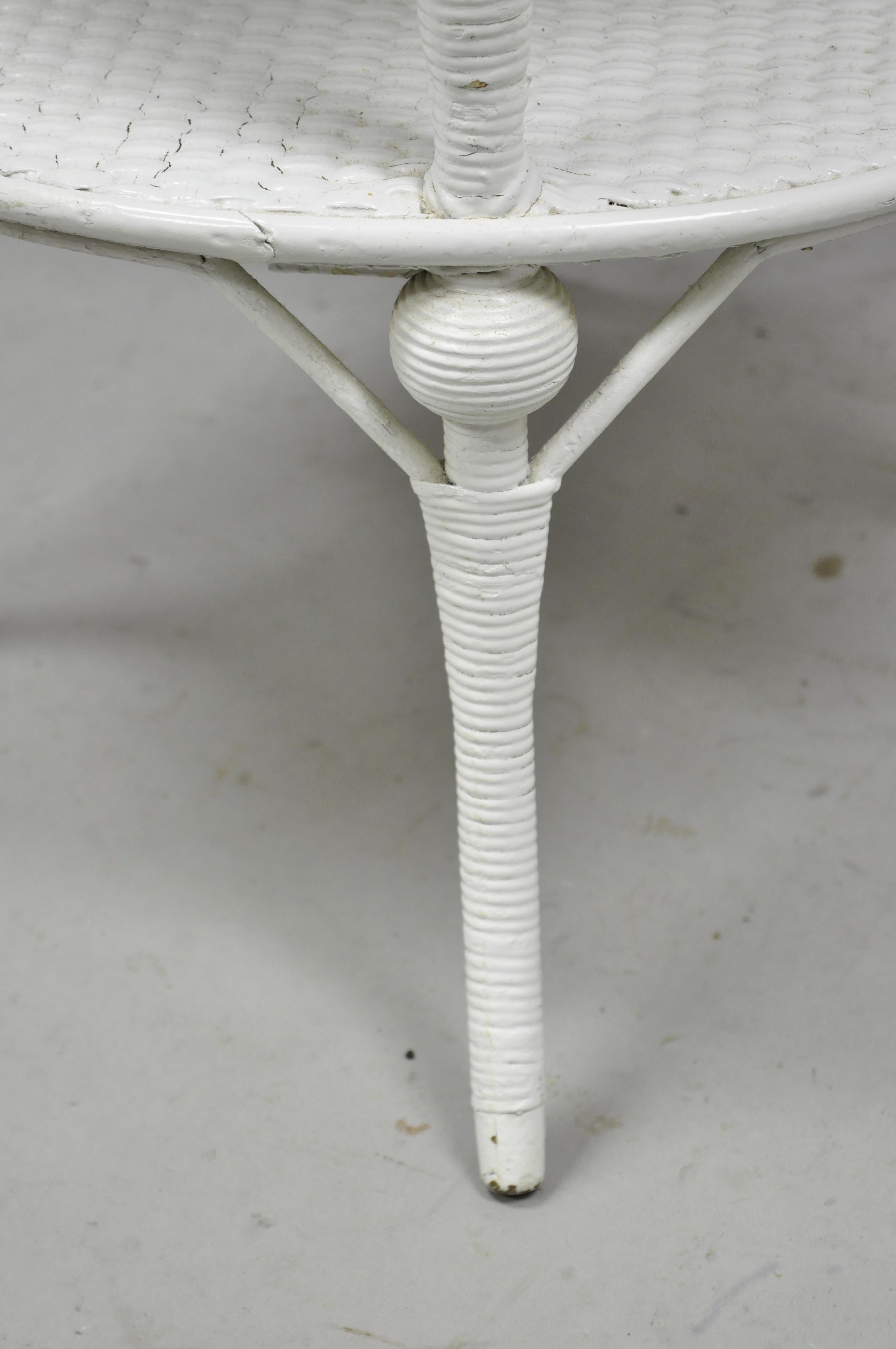 20th Century Antique Victorian White Wicker 2 Tier Round Accent Sunroom Parlor Lamp Table