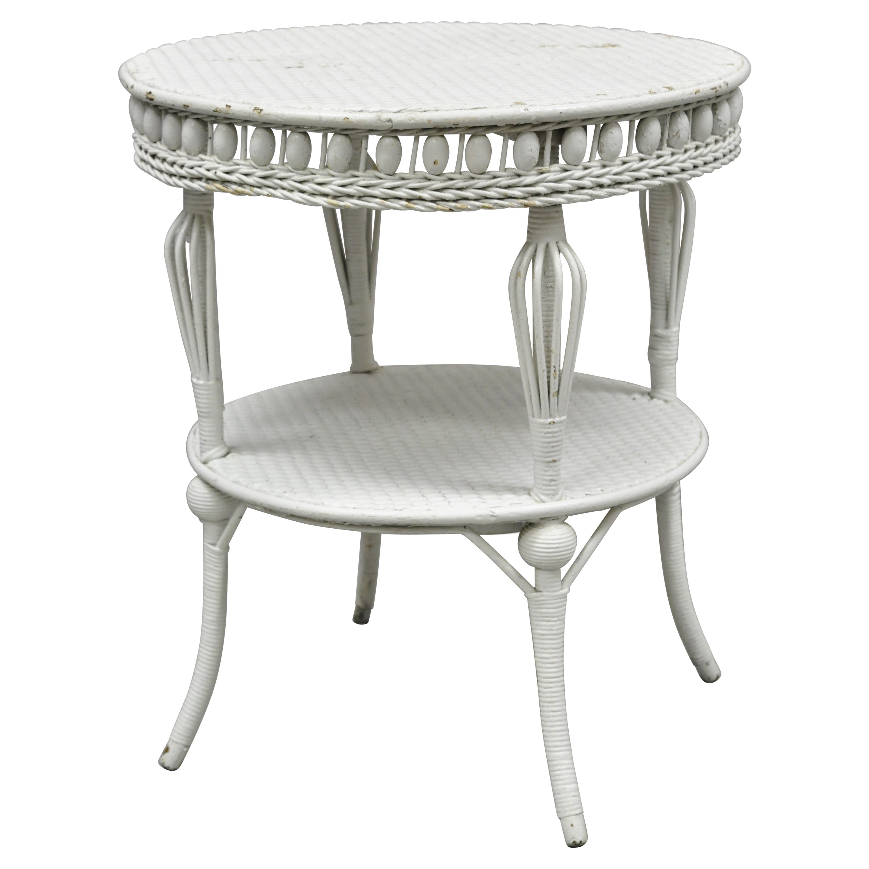 Antique Victorian White Wicker 2 Tier Round Accent Sunroom Parlor Lamp Table