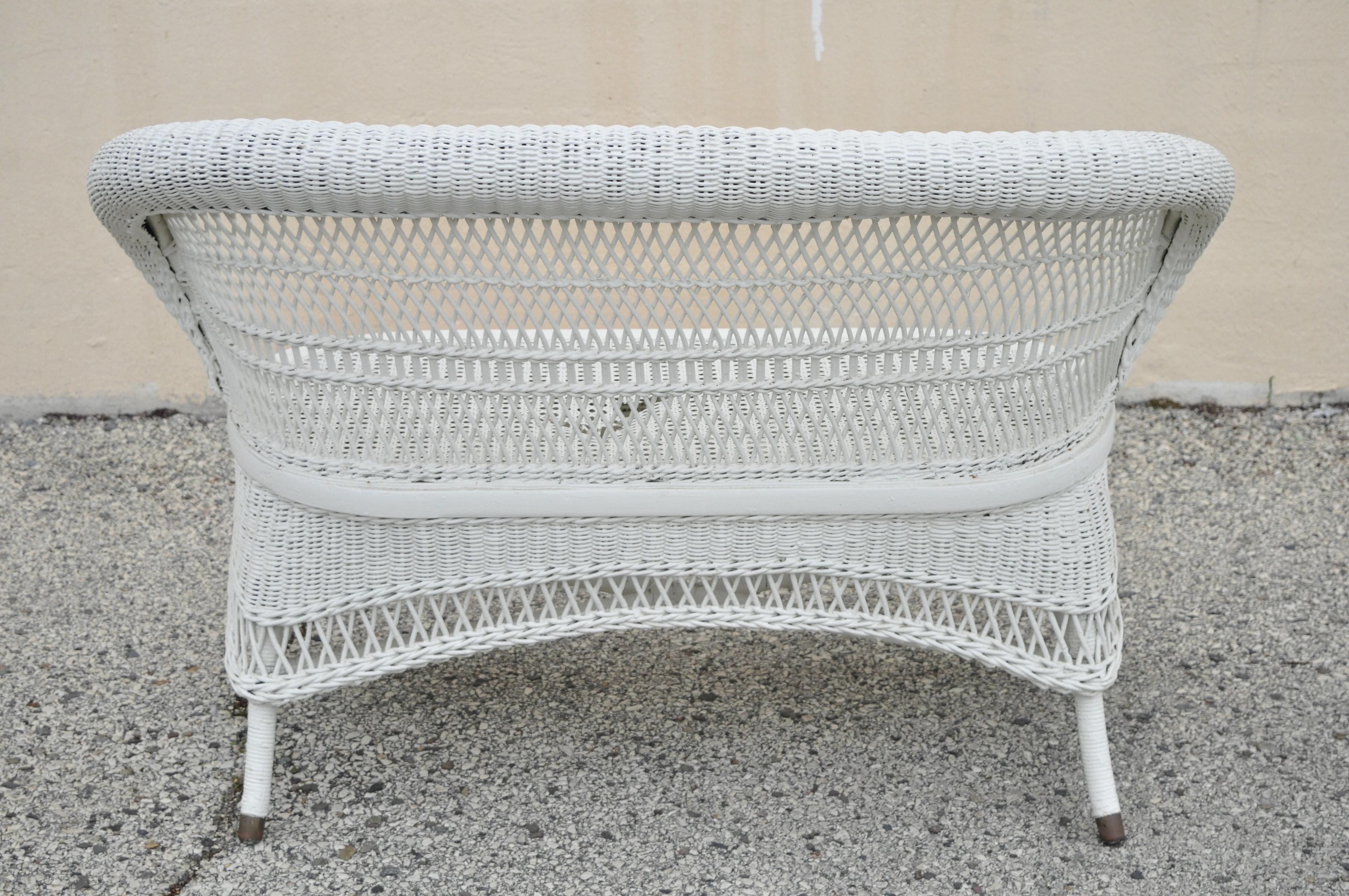 Antique Victorian White Wicker Barrel Back Small Settee Loveseat Sofa Cane Seat For Sale 3