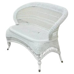 Antique Victorian White Wicker Barrel Back Small Settee Loveseat Sofa Cane Seat