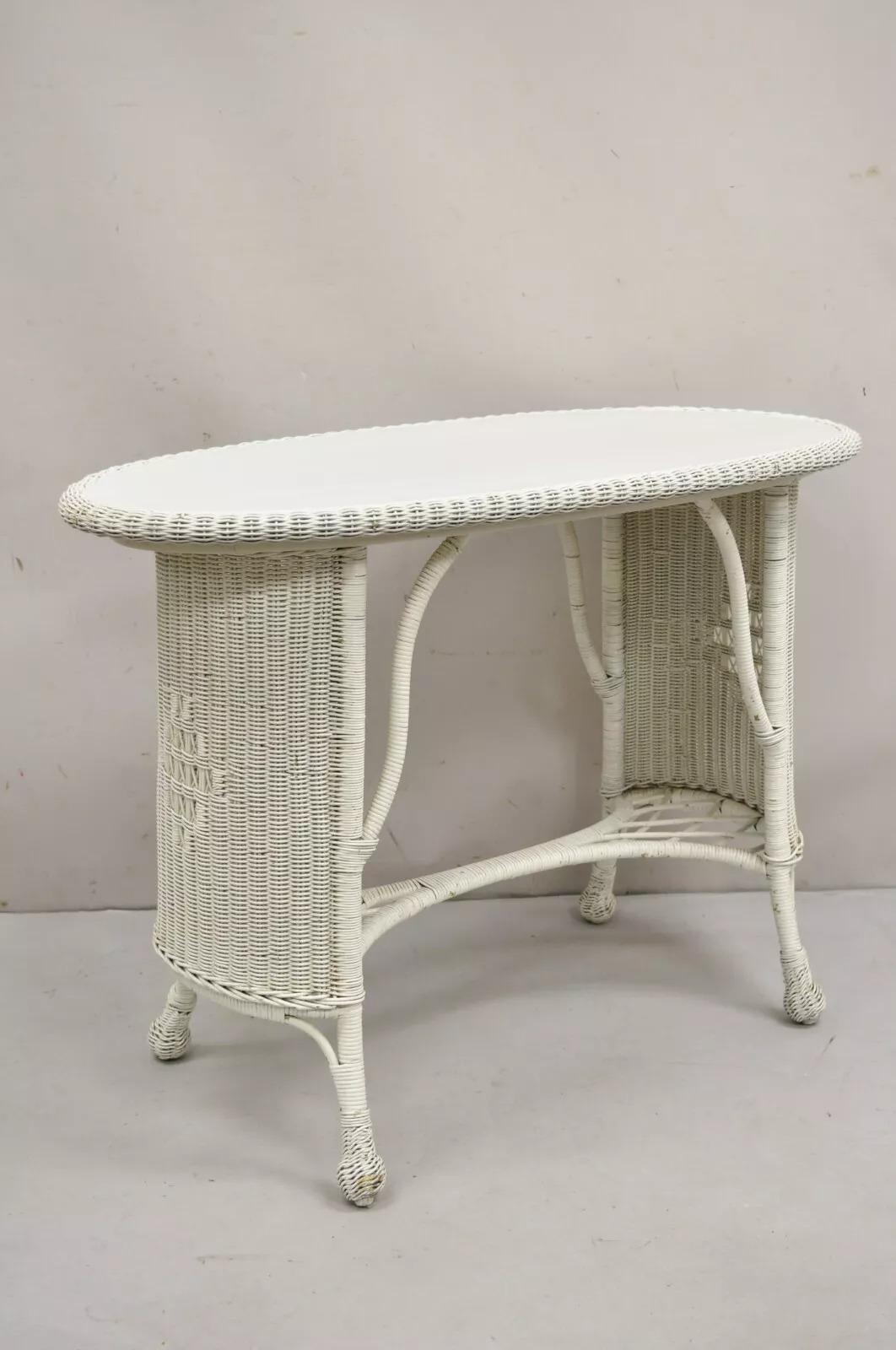 Antique Victorian White Wicker Rattan Console Hall Side Table For Sale 6