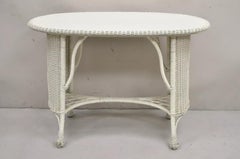 Antique Victorian White Wicker Rattan Console Hall Side Table