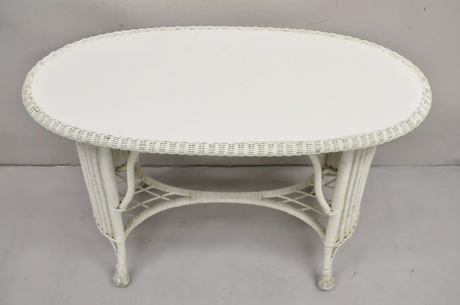 Unknown Antique Victorian White Wicker Rattan Console Hall Side Table For Sale