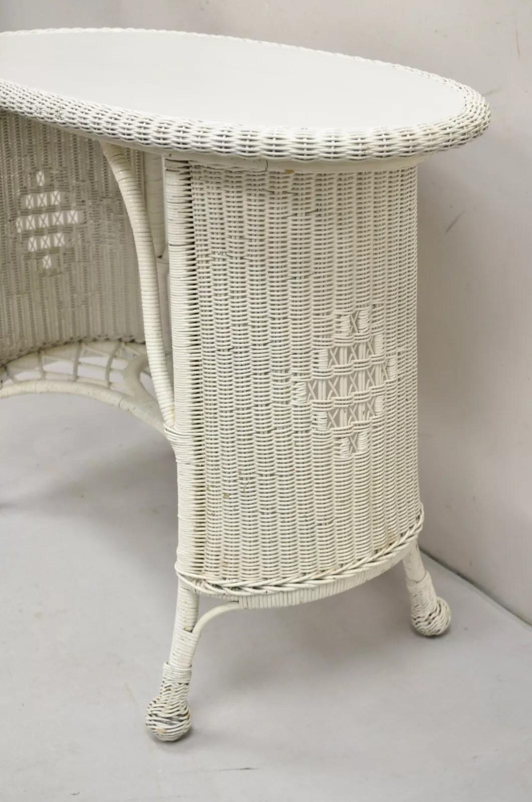 20th Century Antique Victorian White Wicker Rattan Console Hall Side Table For Sale