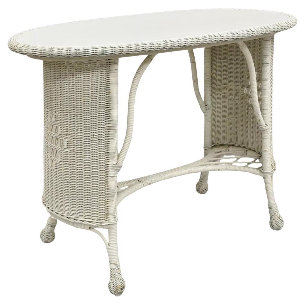 Antique Victorian White Wicker Rattan Console Hall Side Table