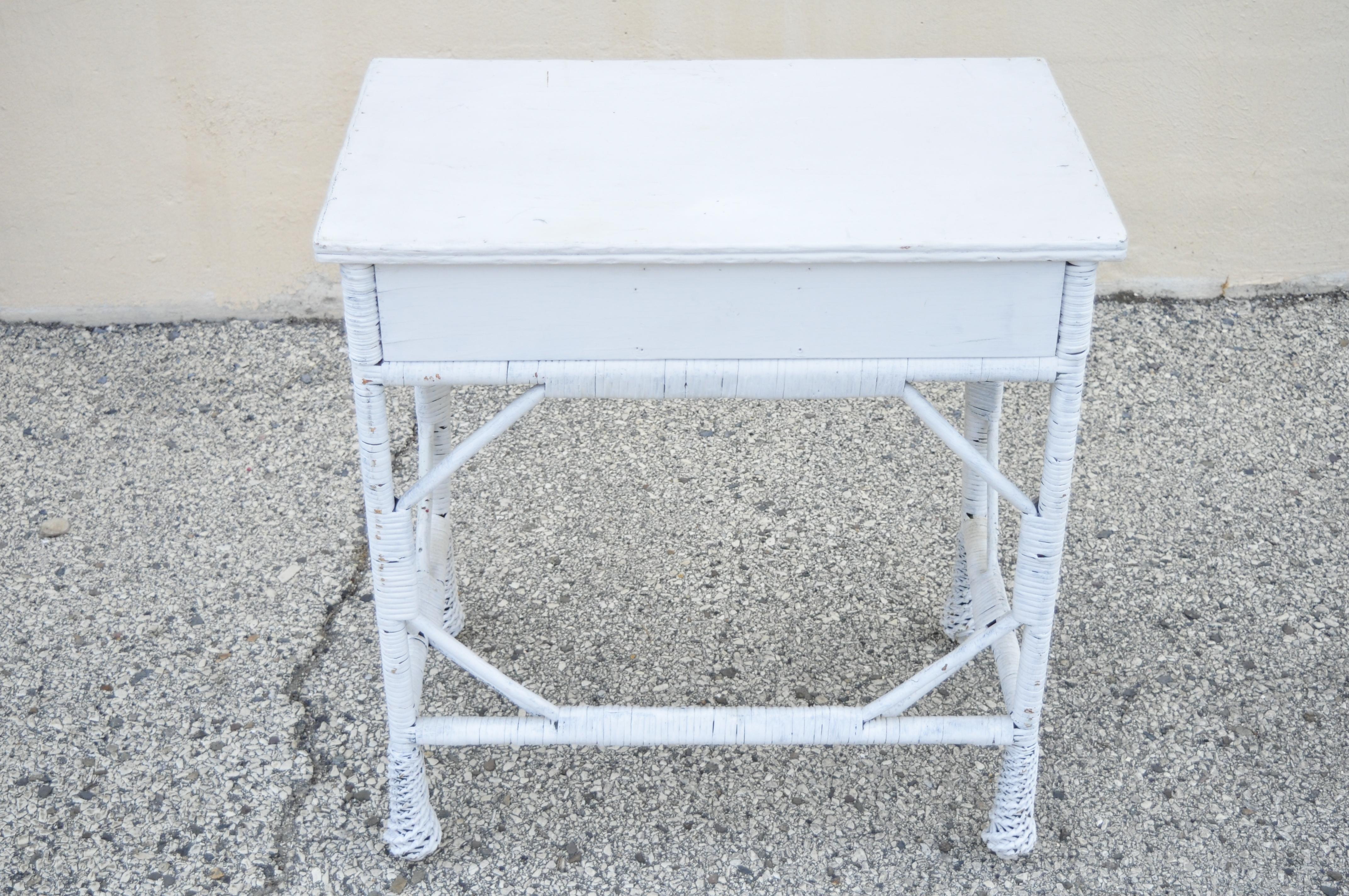 Antique Victorian White Wicker Rattan Small Vanity Writing Desk Table 2 Drawers 2