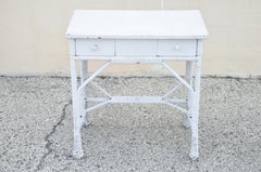 Antique Victorian White Wicker Rattan Small Vanity Writing Desk Table 2 Drawers