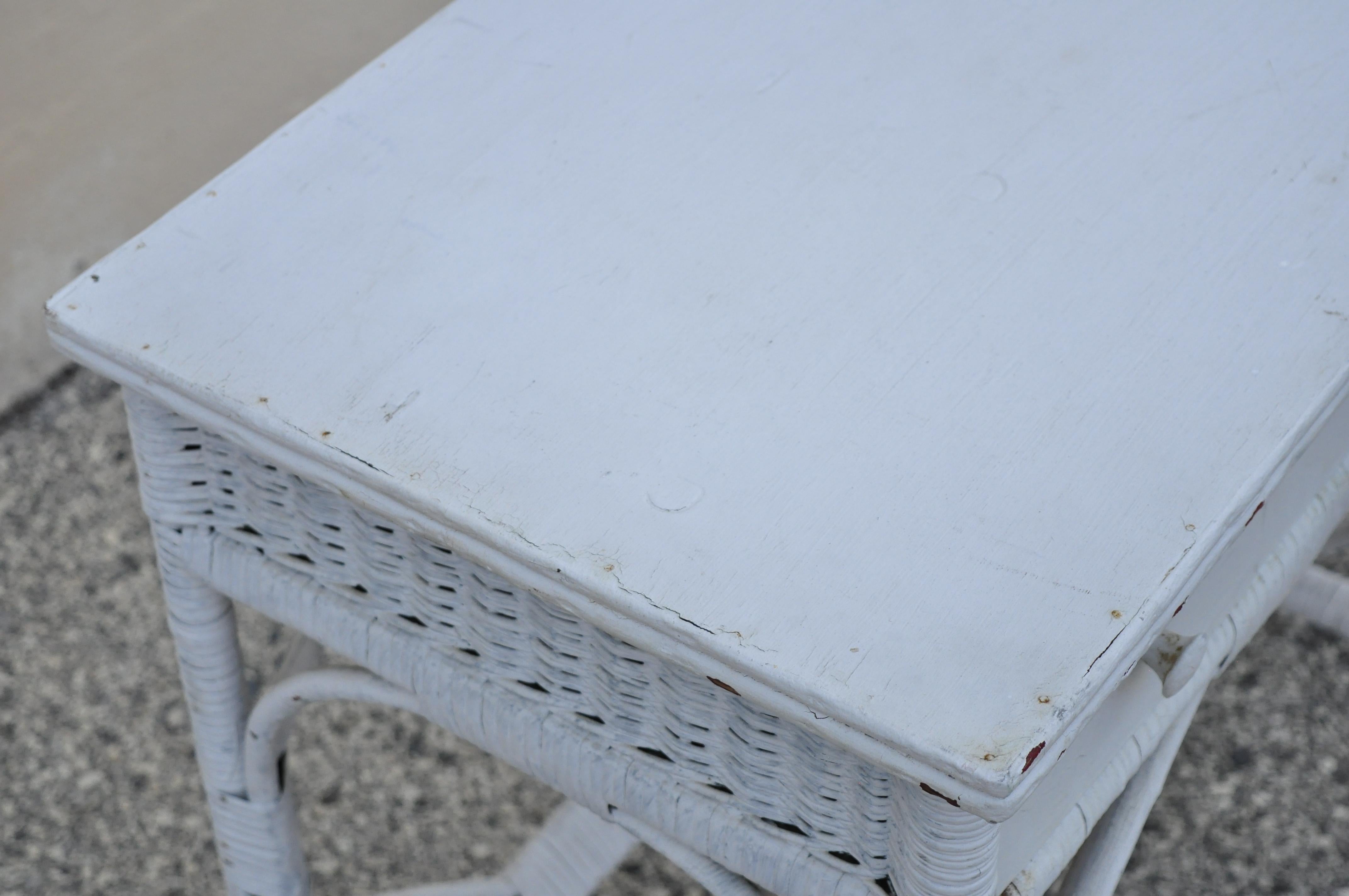 20th Century Antique Victorian White Wicker Rattan Small Vanity Writing Desk Table 2 Drawers