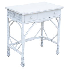 Ancienne table de bureau de coiffeuse victorienne en rotin et osier blanc avec 2 tiroirs, style victorien